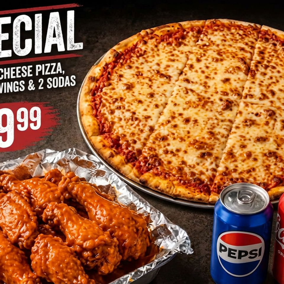 Promotional graphic featuring a large cheese pizza, saucy buffalo wings, and Pepsi and Coca-Cola cans beside special-offer text.