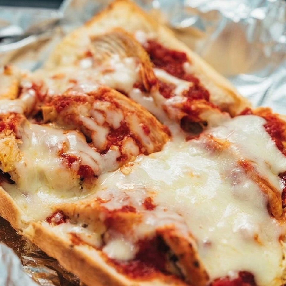 Cheesy chicken Parmesan sandwich with tomato sauce served on toasted bread wrapped in foil.