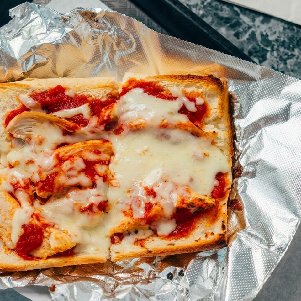 Cheesy rectangular pizza slice with tomato sauce and toppings served on foil-lined paper, beside a bottled drink on a tray.