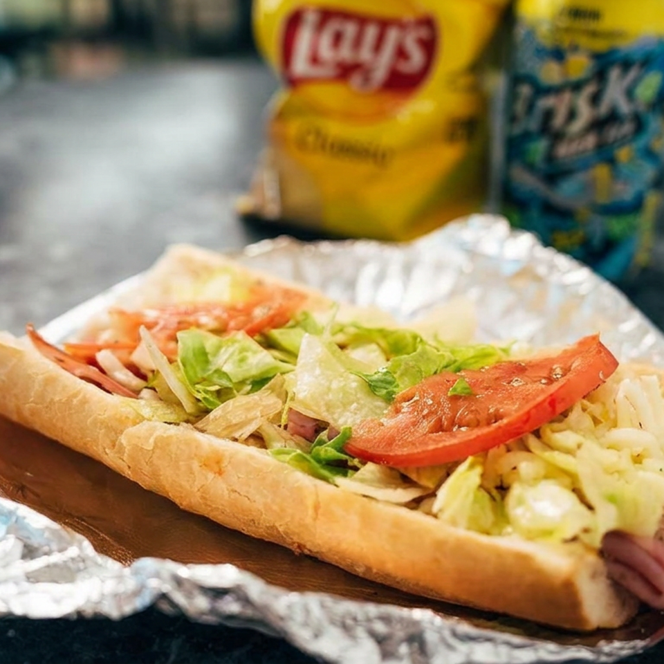 Gyro sandwich in pita bread with sliced meat, lettuce, tomato, onions, and fries on a foil-wrapped tray.