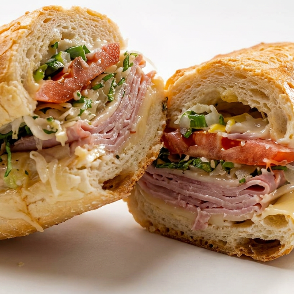 Two crusty Italian deli sandwiches with layered ham, salami, melted cheese, tomatoes, onions, and herbs on a white background.