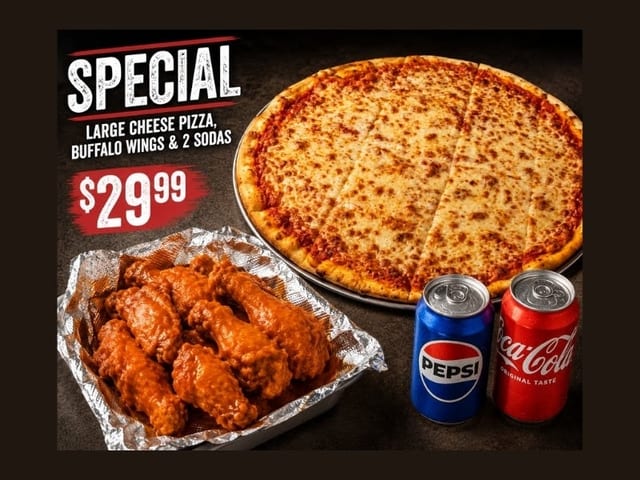 18" Pizza, 6 Wings & 2 Sodas Combo.