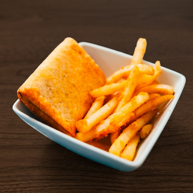 Pizza Puff, Soda & Fries.